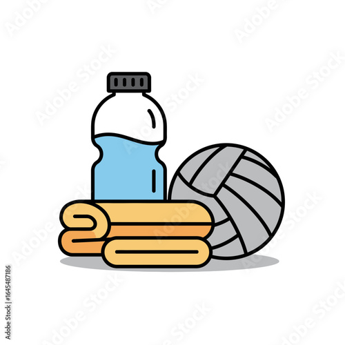 Volleyball Essentials: An icon of a volleyball, water bottle and towel which is essential equipment for a good game.