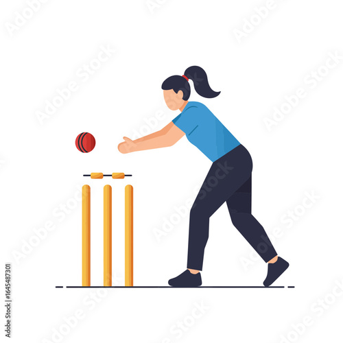 Cricket Action: A dynamic illustration captures a female cricketer in action, poised to bowl with focus and precision during a cricket match.