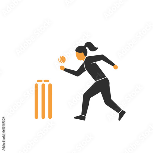 Cricket Action Icon: An iconic silhouette of a cricketer in motion, bowling with focused intensity towards the wicket. This image captures the essence of sportsmanship and the dynamism of the sport.