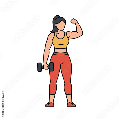 Strong Woman with Dumbbell: A strong woman, flexing her biceps and holding a dumbbell, embodies fitness, strength, and the power of exercise in a clean, stylized illustration.