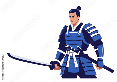 Blue Armored Samurai Warrior with Katana Sword