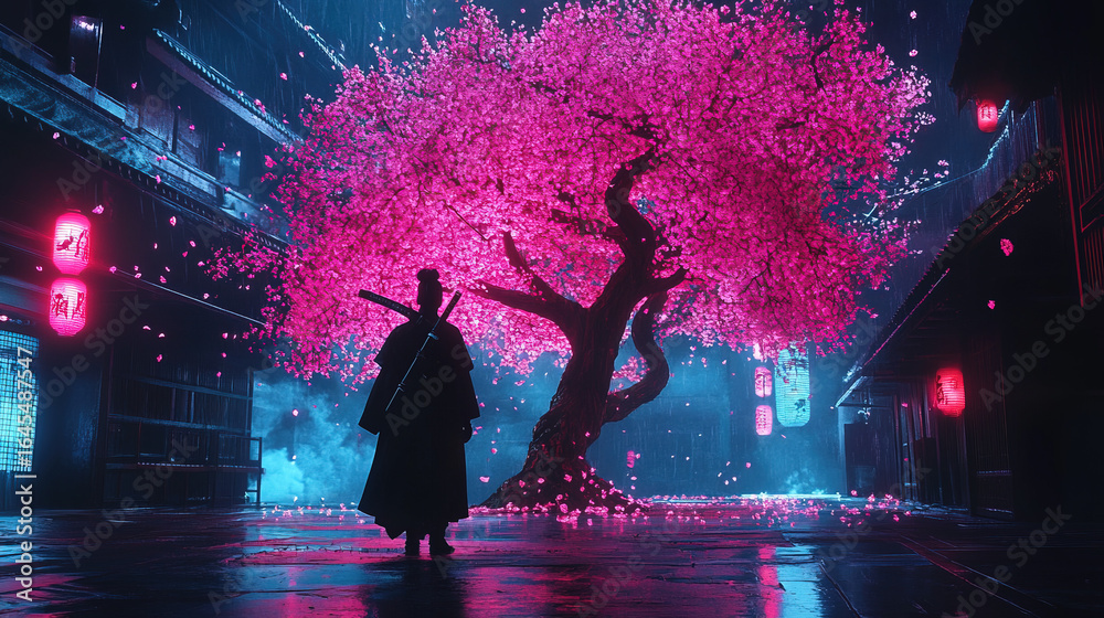 Fototapeta premium Cyber samurai standing under a neon-lit cherry blossom tree
