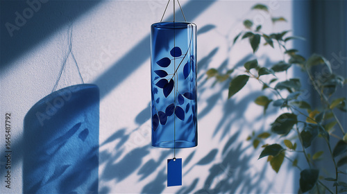 壁に影を落とす濃い青色のガラス風鈴と植物のある静かな室内風景。generative ai