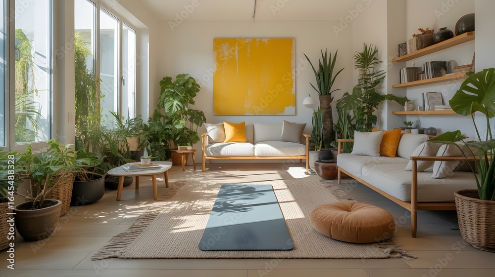 Obraz premium Bright Living Room with Yoga Mat and Numerous Green Plants Keywords: living room, bright, natural