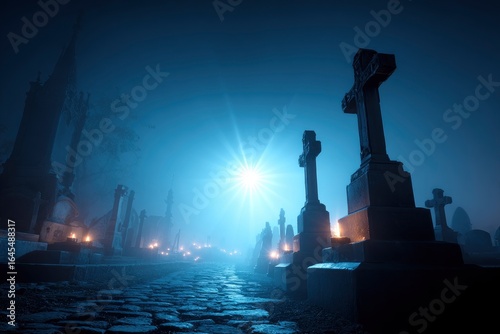 Fogshrouded graveyard with lit candles crosses and a stone pathway under a bright light source