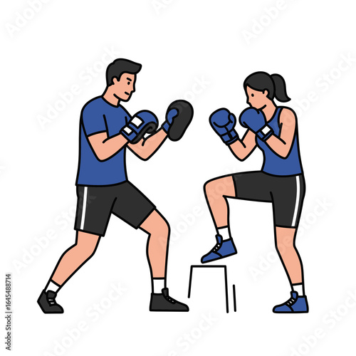 Boxing sparring session: An illustration showcasing a dynamic boxing training session between a man and woman, highlighting the intensity of the workout with focused energy and teamwork.