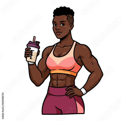 Fit Figure, Energetic Lifestyle: An empowering image of an athletic woman, holding a protein shake, exudes health and strength, capturing the spirit of fitness and wellness.