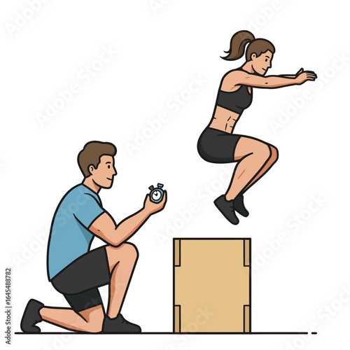 Workout: A person performs a box jump under the guidance of a personal trainer, creating a dynamic display of fitness.