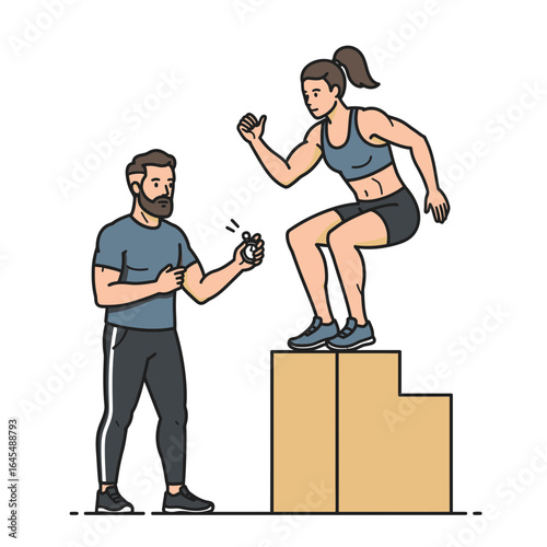 Personalized Fitness Journey: A determined woman performs a box jump, while her dedicated trainer monitors the progress with a stopwatch.