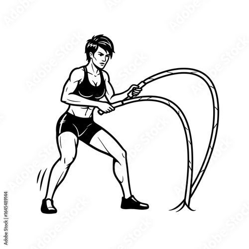 Power Workout Illustration: A strong woman, diligently engaged in a dynamic rope exercise, showcases both the challenge and rewards of an intensive workout.