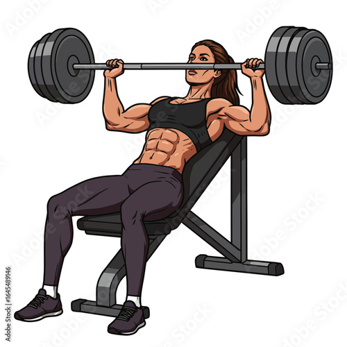 Strength and Determination: A fit and powerful woman engages in a bench press, her muscles defined and focused, demonstrating unwavering commitment and dedication in a dynamic fitness illustration.