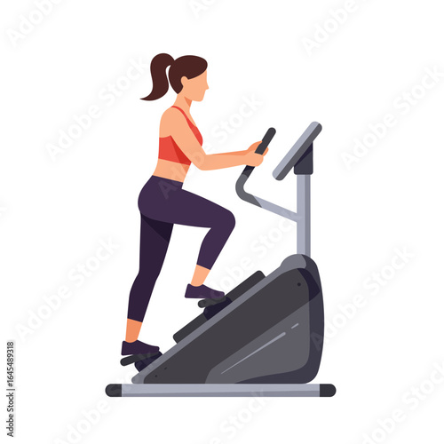Fitness Journey: A woman is dedicated to her exercise routine on an elliptical machine, showcasing a commitment to fitness. Embodying strength and vitality, she strides purposefully.