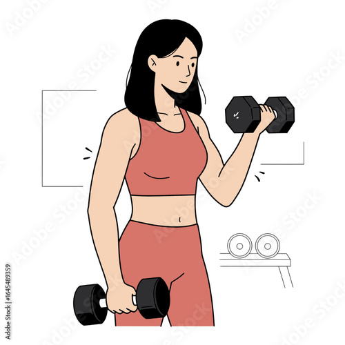 Illustration of Woman Lifting Dumbbells: A determined woman diligently lifts a pair of dumbbells, her posture and focus reflecting a dedicated commitment to fitness.