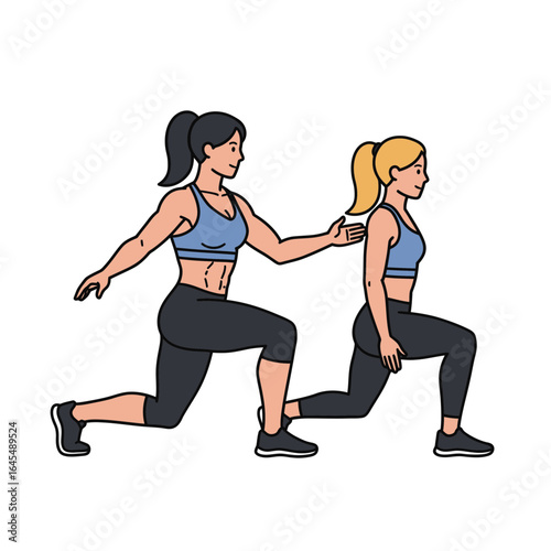Fitness Journey: Two women engage in a fitness routine, focusing on the fundamental exercise of lunges, signifying dedication to health, strength and personal growth.