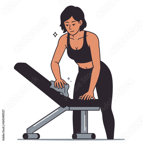 Fitness Center Cleanliness: A person diligently sanitizes gym equipment, highlighting hygiene and health focus in a modern fitness environment.
