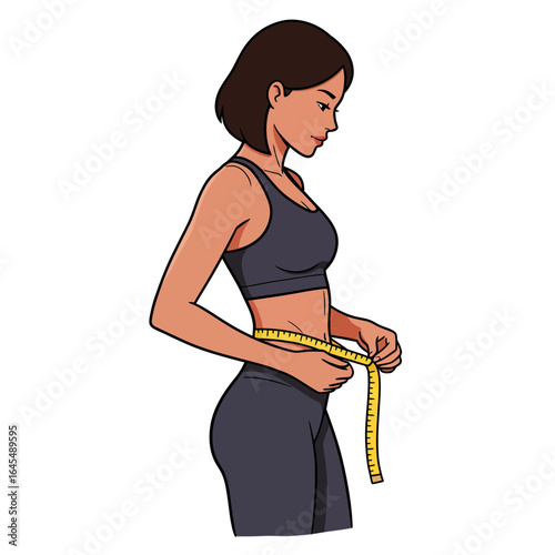 Body Measurement: A woman meticulously measures her waist with a tape measure, showcasing dedication to fitness and health in a clean, modern illustration.