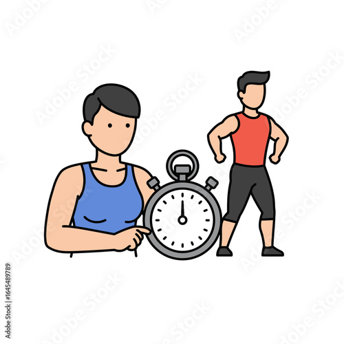 Fitness Journey with Time: A determined individual sets the pace, stopwatch at hand, as another stands ready, the perfect image for a dedicated workout session and the pursuit of healthy living. 