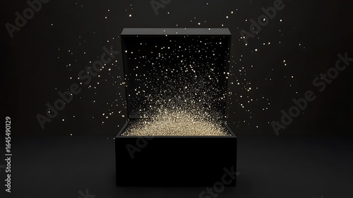 An open black box revealing sparkling golden particles and dust