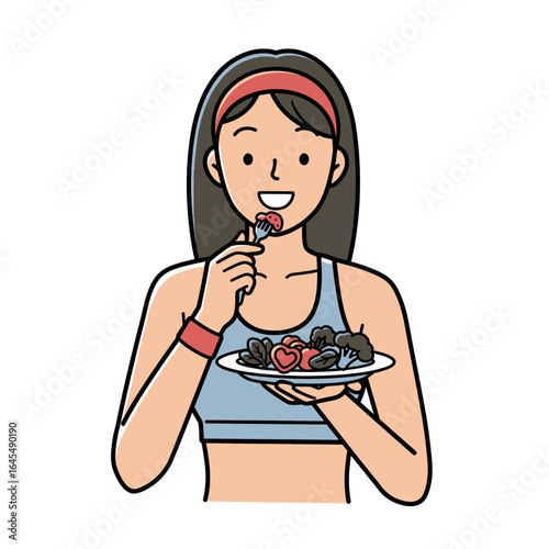 Healthy Bite: A vibrant image showcasing a woman enjoying a nutritious meal. The focus is on fresh ingredients and a healthy lifestyle.