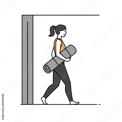 Yoga Ready: A woman strides purposefully through a doorway, clutching a rolled yoga mat, ready to embrace a moment of wellness and mindful movement.