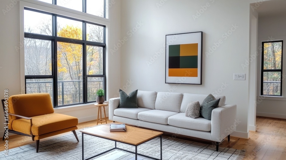 Fototapeta premium Elegantly Furnished and Pet Friendly Home with Cozy Living Spaces and Stylish Decor A modern and inviting interior design showcasing tasteful furnishings natural light