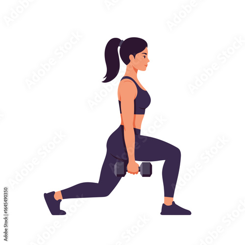 Fitness Focused: A determined figure executes a dynamic lunge, showcasing strength and dedication. with dumbbell.