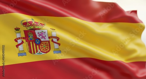 Spanish Flag Waving Bright Colors and Detailed Coat of Arms in Motion