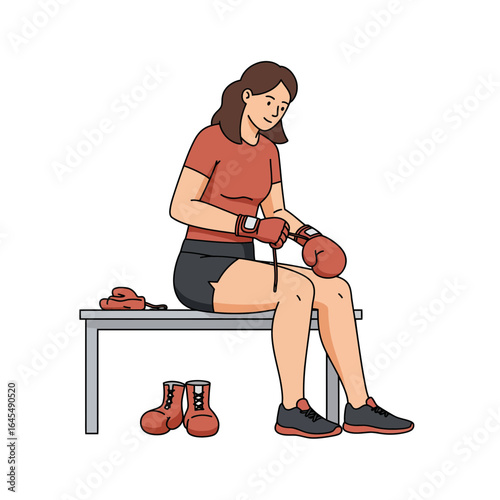 Boxer Prepares: A determined boxer prepares, lacing up her gloves with focused determination, before the bout. The image captures the essence of discipline and readiness for the fight ahead.