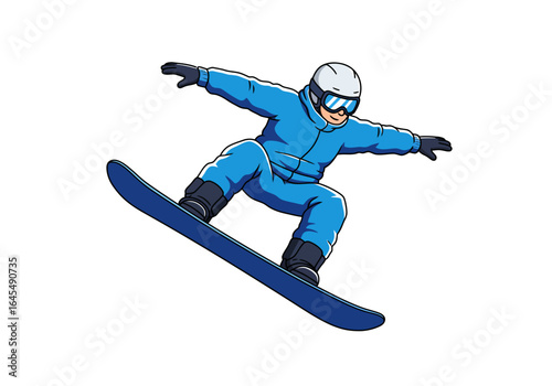 Cartoon Snowboarder in Blue Suit Performing Trick