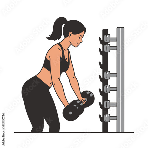 Strength and Conditioning: An athletic woman focuses intently on her strength training, selecting a dumbbell, ready to sculpt a fit and healthy physique.