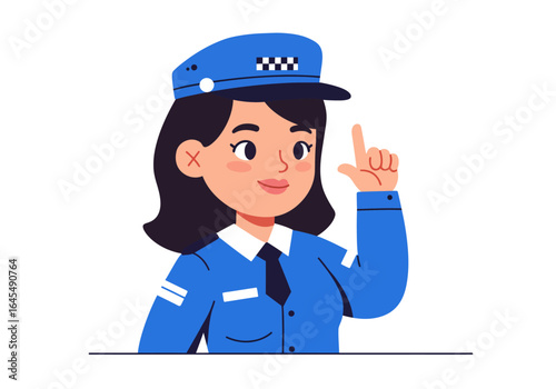 Cartoon Woman in Police Uniform with Raised Index Finger