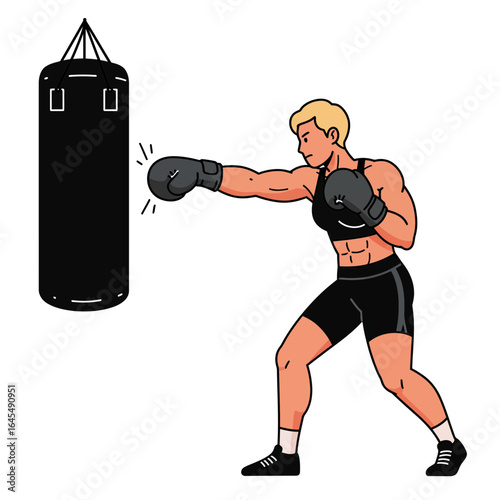 Empowered Boxer: A muscular woman executes a precise punch with focused determination, showcasing strength and discipline as she trains with a punching bag.