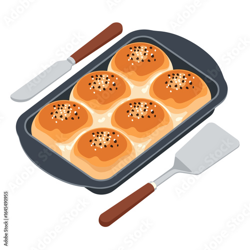 Baked sesame seed rolls in baking pan