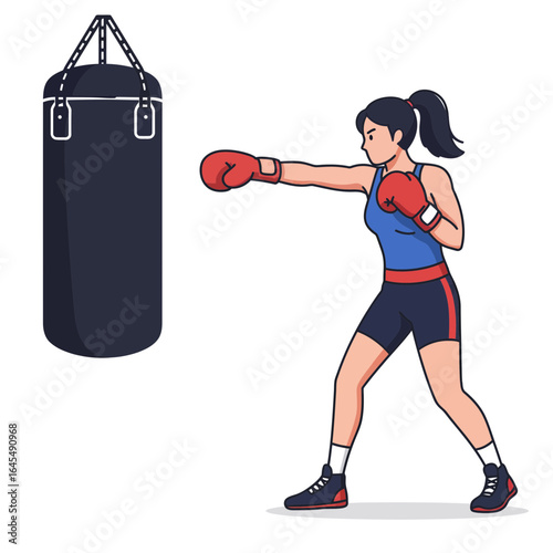 Punching Power: A determined woman hones her skill, delivering a powerful punch to a heavy bag in a dynamic display of fitness and strength. 