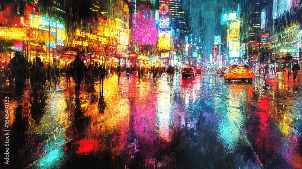 Fototapeta premium Cyberpunk city skyline reflected in a rain-soaked neon street