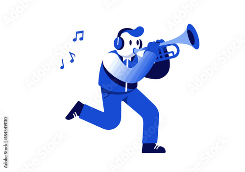 Cartoon Man Playing Trumpet with Headphones, Running and Musical Notes