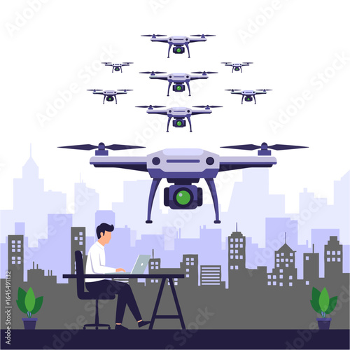 Man working at desk while drone fleet flies over city