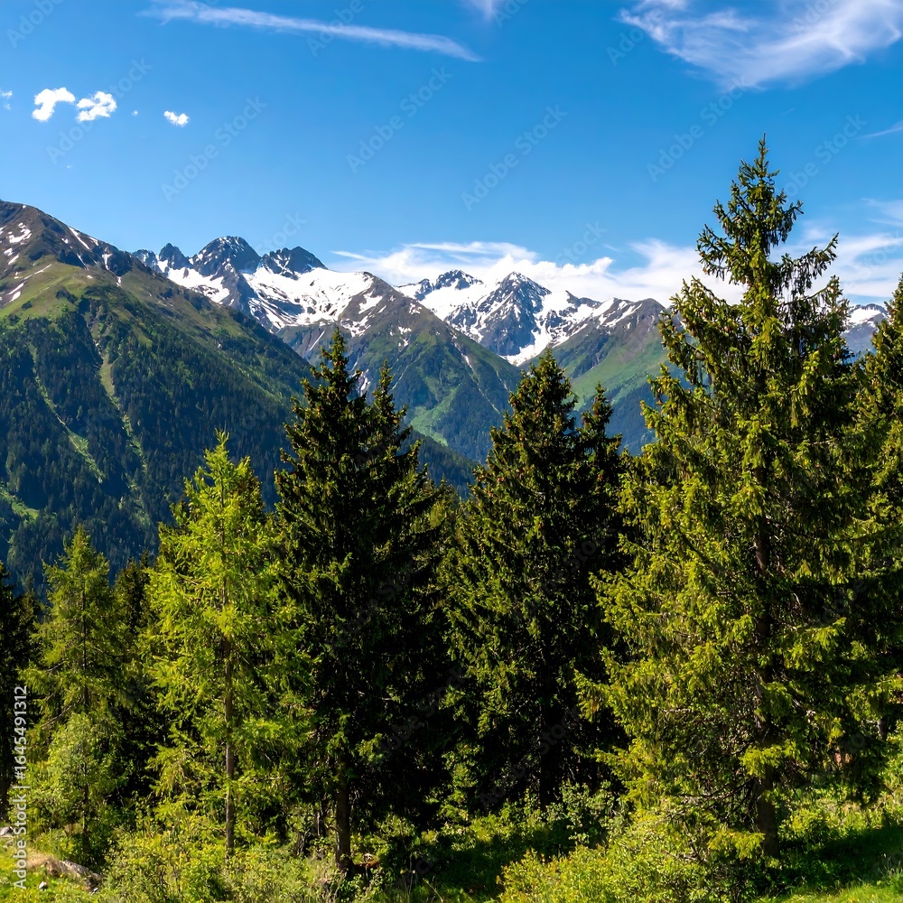 Obraz premium Lush green conifers in the foreground frame a majestic snow-capped mountain range under a vibrant blue sky