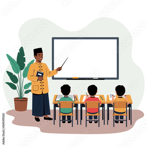 Muslim male teacher teaching young students in classroom