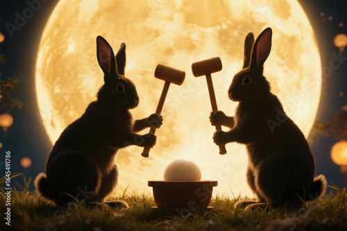 Rabbit pair celebrating moon festival with mochi under full moon, Mid-Autumn Festival celebrate