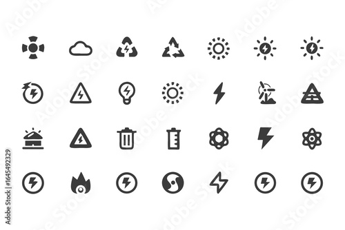 Energy and Electricity Icon Set. Vector Glyph Symbols for Power, Solar, Wind, Renewable Energy, Utilities, and Safety