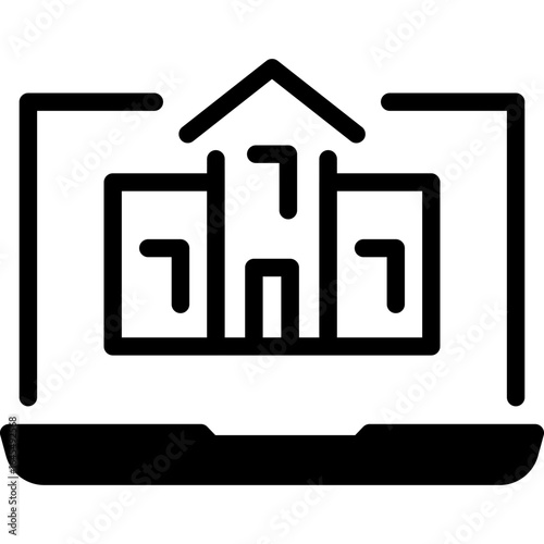 Laptop displaying a school building for online classes