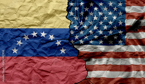 Flags of Venezuela and the United States on a cracked and textured background. Concept of economic and political conflict between the two countries.