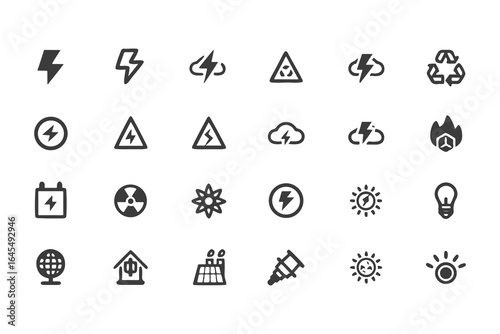 Energy and Electricity Icon Set. Vector Glyph Symbols for Power, Solar, Wind, Renewable Energy, Utilities, and Safety