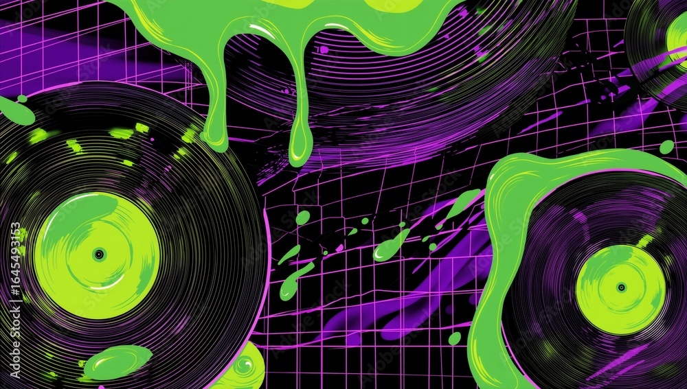 Obraz premium Vibrant neon green liquid dripping over black vinyl records on a purple grid background, creating a dynamic and energetic scene.