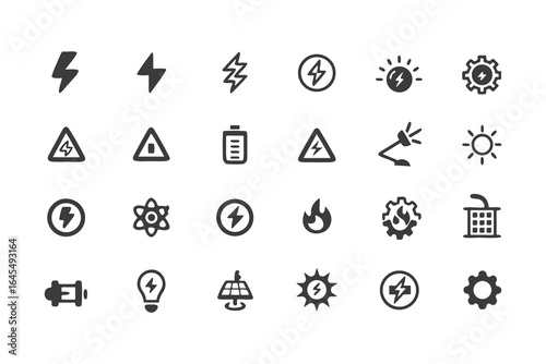Energy and Electricity Icon Set. Vector Glyph Symbols for Power, Solar, Wind, Renewable Energy, Utilities, and Safety