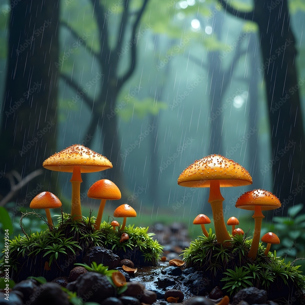 Fototapeta premium Mushrooms growing in a rainy forest scene with green foliage