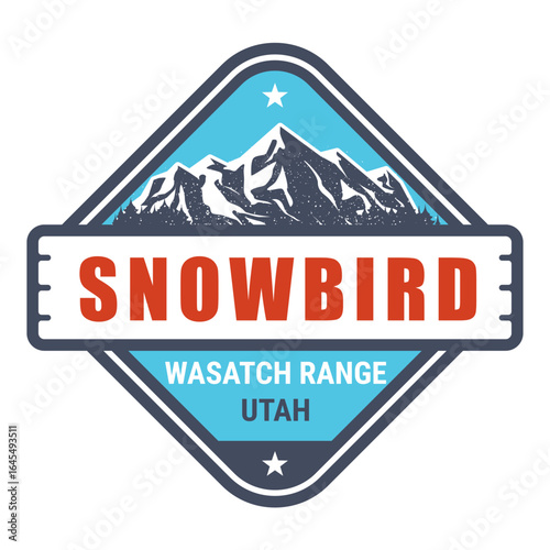 Snowbird ski resort, Utah stamp, emblem with snow covered, Rocky Mountains, vector