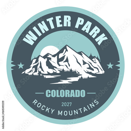 Winter Park ski resort, Colorado, USA, emblem with snow-covered mountains, vector