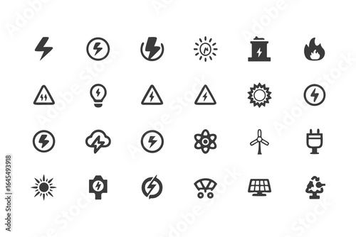 Energy and Electricity Icon Set. Vector Glyph Symbols for Power, Solar, Wind, Renewable Energy, Utilities, and Safety